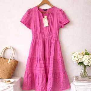 BTFBM Pink Tiered Midi Dress Short Sleeve Smocked Waist Size L NWT